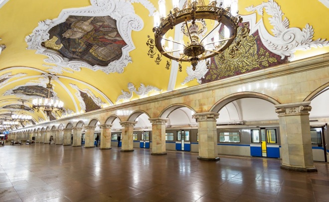 Komsomolskaya, view on train from hall, metro, Moscow, Russia